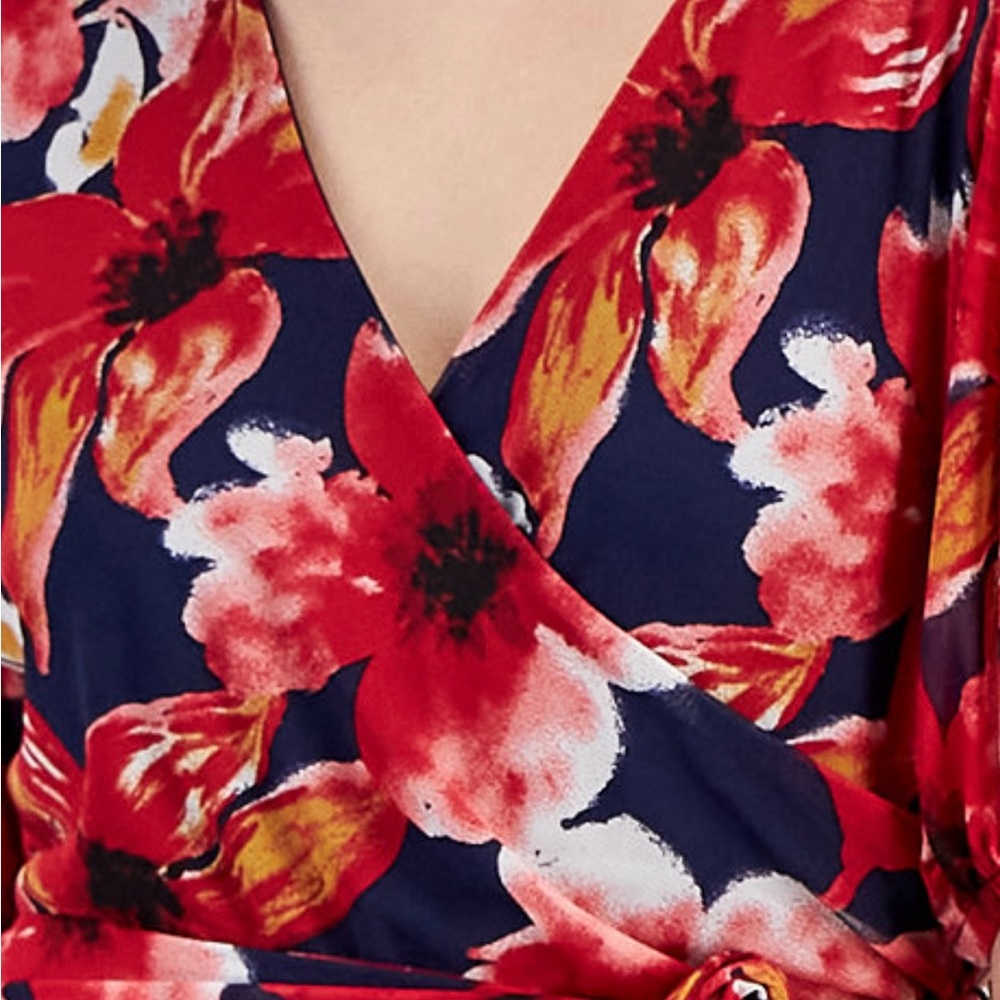 Women’s Print Faux-Wrap Maxi Dress. NAVY CORAL Petite Large.